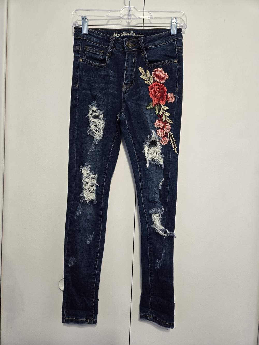 Machine Distressed‎ Floral Embroidered Skinny Jeans Women's 27 Stretch Denim